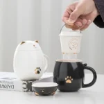 Creative Cartoon Black/White Lucky Cat With Cover Filter Tea Water Separation Office Cup Household Gifts Personal Mug, 1Pc
