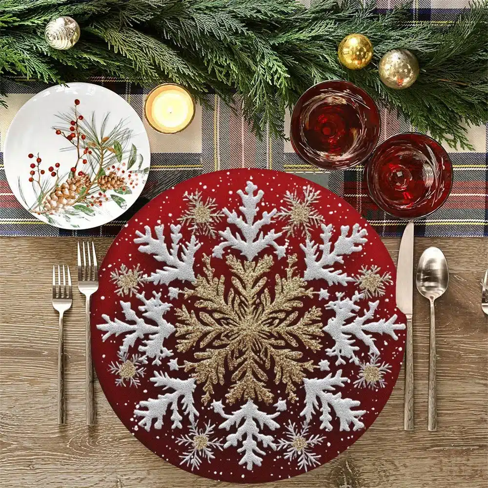 4PCS Round Christmas Placemat Cartoon Santa Claus Wreath Snowflake Xmas Placemat Merry Christmas Decor 2025 Happy New Year 2026