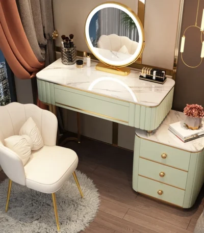French white wooden dressing table with mirror and stool in a modern bedroom setting
