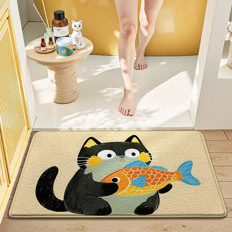 Cute Cartoon Cat Bath Mat - Super Soft Memory Foam Bathroom Rug, Fast Absorbing Quick Dry, Non-Slip Shower Mat for Kids & Adults