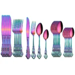 24-piece stainless steel cutlery set with gold handles displayed on a wooden table