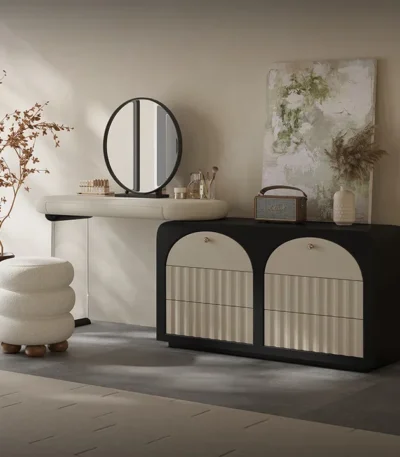 Modern black French dresser with retractable corner and mirror, 1.2m wide, modern bedroom storage