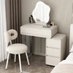 Modern minimalist vanity table with mirror and stool, wood construction, bedroom furniture