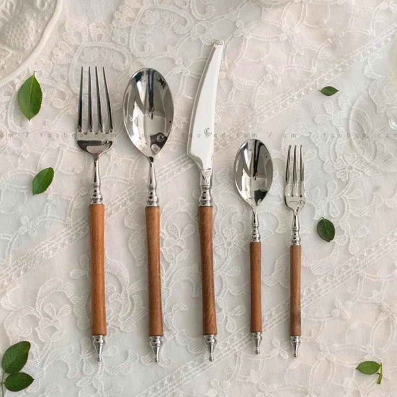 OUT OF STOCK!!! Super Quality 18/10 Stainless Steel Knife Fork Party Cutlery Set Silver Dinnerware Set Nature Wooden Handle