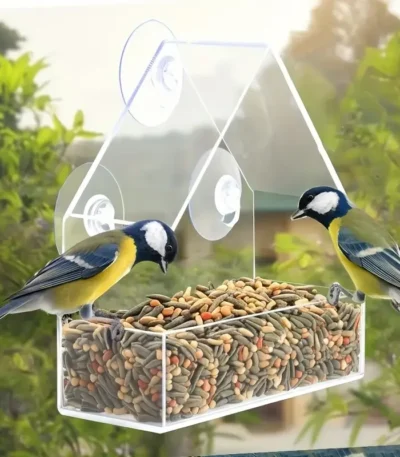 Transparent window bird feeder attached to glass with suction cups, filled with seeds, attracting a cardinal