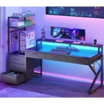 55" Gaming Desk with 6 Drawers, Corner Gaming Desk with Storage & LED Lights, Reversible PC Desk with Power Outlet,,