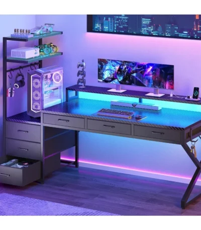 55" Gaming Desk with 6 Drawers, Corner Gaming Desk with Storage & LED Lights, Reversible PC Desk with Power Outlet,,