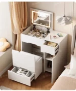 Modern white LED vanity dresser with mirror and stool - complete makeup table set for bedroom | Goldoma