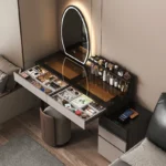 Goldoma Minimalist Modern Dressing Table with mirror and stool in a bedroom setting