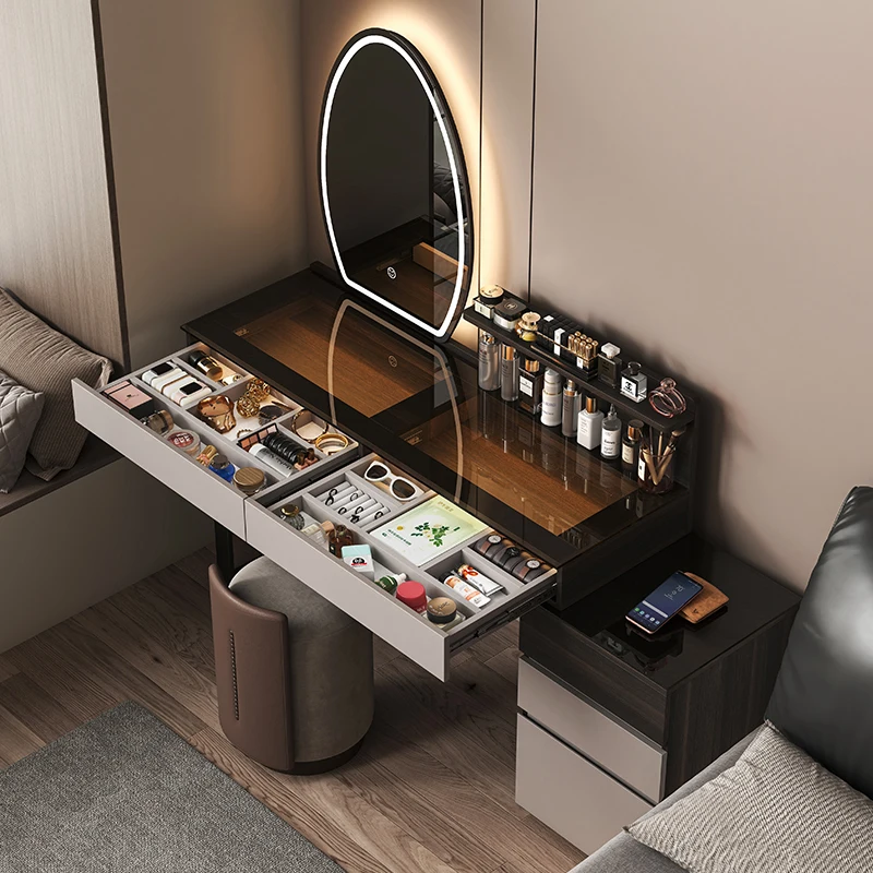 Goldoma Minimalist Modern Dressing Table with Mirror and Stool