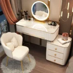 French white wooden dressing table with mirror and stool in a modern bedroom setting