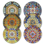 Elegant porcelain dinner plate set arranged on a wooden table