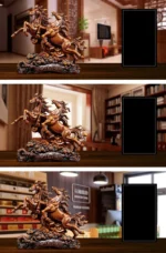 Wine cabinet with horse statue, full view, showing the cabinet's size and the statue as focal point.