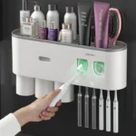 Automatic Toothpaste Dispenser Magnetic Adsorption Inverted Toothbrush Holder With Cup Toothpaste Bathroom Storage Rack Set