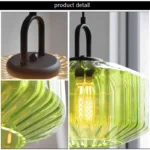 Modern colored glass pendant lamp illuminating a cozy dining room with vibrant hues