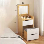 Modern flip cover dressing table with LED light, stool, and three drawers in a bedroom setup