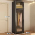 Minimalist open wardrobe closet with metal frame in a modern bedroom setting