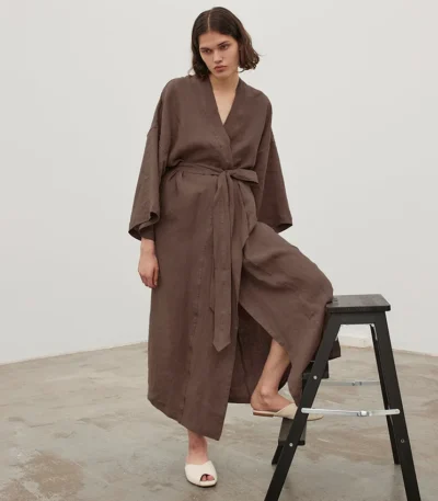 NHKDSASA Brown Robes For Women Loose Three Quarter Sleeve Nightwear Sashes Cotton Bathrobe Female Casual Sleepwear Summer