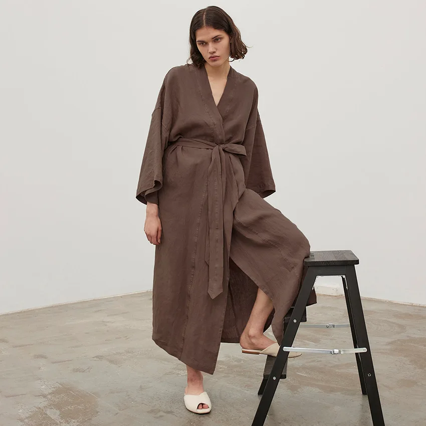 NHKDSASA Brown Robes For Women Loose Three Quarter Sleeve Nightwear Sashes Cotton Bathrobe Female NHKDSASA Brown Robes For Women Loose Three Quarter Sleeve Nightwear Sashes Cotton Bathrobe Female Casual Sleepwear Summer