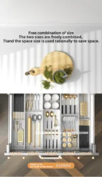 Kitchen drawer organizer with compartments for cutlery and utensils