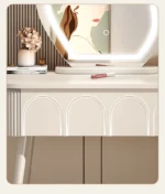 Modern wood makeup vanity table with mirror, drawer, and stool in a bedroom setting