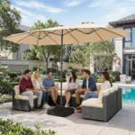 Large 15ft patio umbrella with base included in outdoor setting