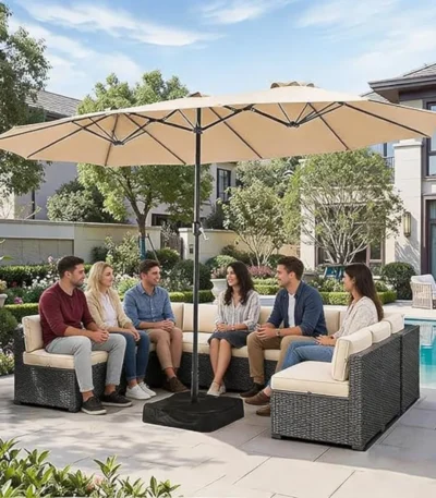 Large 15ft patio umbrella with base included in outdoor setting