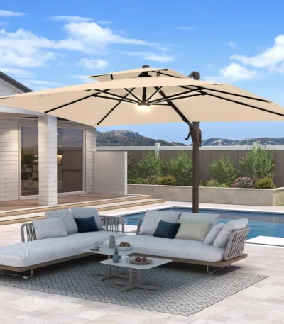 10 X 13 FT Cantilever Patio Umbrella with Base Included & Led Lights Outdoor Rectangle Offset Large Double Top,