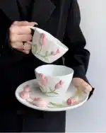 European Relief Ceramic Tulip Cup Afternoon Tea Dessert Pastry Tea Cup Painted Flowers Coffee Mug Couple's Water Cup Café