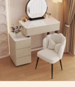 Modern vanity table with mirror and storage drawers in a bedroom setting