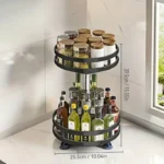 3-tier rotating spice rack filled with spice jars on a kitchen counter, 360-degree view