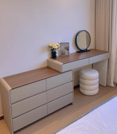 Classic Nordic vanity table with mirror and stool for makeup storage - modern luxury bedroom furniture