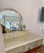 Nordic dressing table with mirror and stool in white solid wood finish