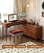 Minimalist oak wood dressing table with mirror, stool, and six drawers in a modern bedroom setting