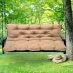 Outdoor bench cushion on a wooden garden bench with vibrant floral pattern