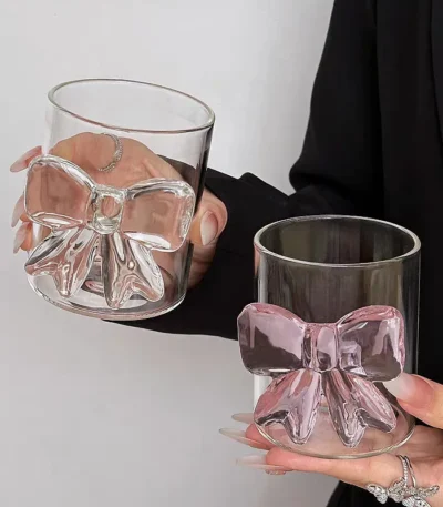 320ML Pink Bow Tie Princess Glass Juice Cup Cute Bow Tie Mug Glass Cup Christmas Gift Transparent Creative Milk Coffee Water