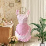 Sweet Pink Cute Chef Apron Suit Girl Anti-fouling Lace Apron Pink Polka Dot Strap Kitchen Home Catering Work Apron – side