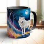 Moon coffee mug with white wolf design on ceramic surface