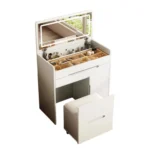 Modern white LED vanity dresser with mirror and stool - complete makeup table set for bedroom | Goldoma