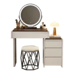 Modern makeup vanity desk with mirror and stool in cream finish - Goldoma