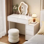 Modern white wood dresser with mirror and stool for bedroom storage