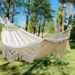 Bohemian Style Double Hammock with Tassels Canvas Fabric Thickened Ropes & Carrying Bag Max Weight Capacity for Outdoor