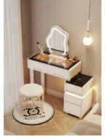 Luxury modern dressing table with mirror and stool in bedroom setting featuring compact vanity with drawers