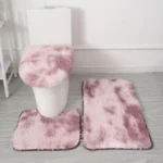 Plush bathroom rug set with toilet lid cover and mat in a modern bathroom