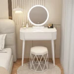 Modern storage vanity table with mirror and stool featuring multiple drawers for bedroom organization