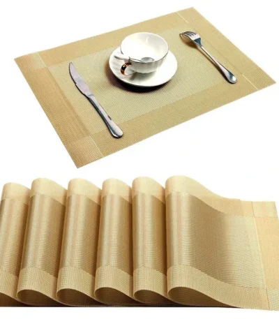 6/4pcs Gold Placemat Washable PVC Dining Table Set Weave Mats Diagonal Frame Teslin Cloth Disc Bowl Coaster Non-slip Pad