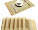 Gold weave placemats on a dining table with plates and cutlery
