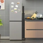 Foldable kitchen shelf with multilayer iron frame in a modern kitchen displaying dishes and spices