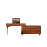 Minimalist oak wood dressing table with mirror, stool, and six drawers in a modern bedroom setting