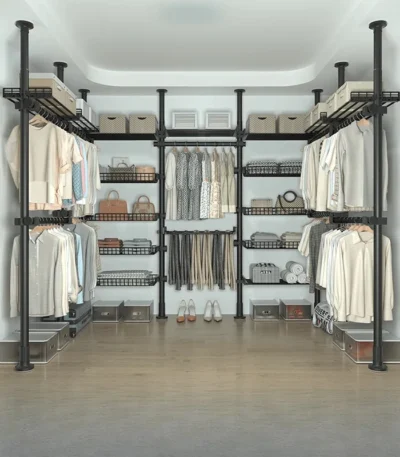 Freestanding coat rack with hooks holding jackets and bags in an entryway, adjustable design with sturdy steel frame